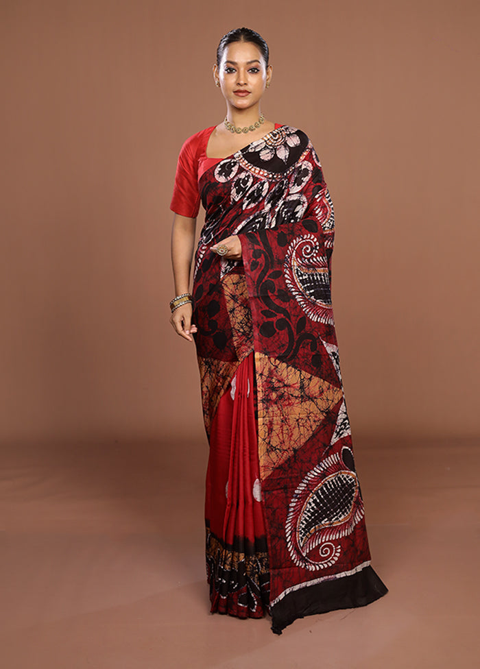 Maroon Printed Silk Saree Without Blouse Piece