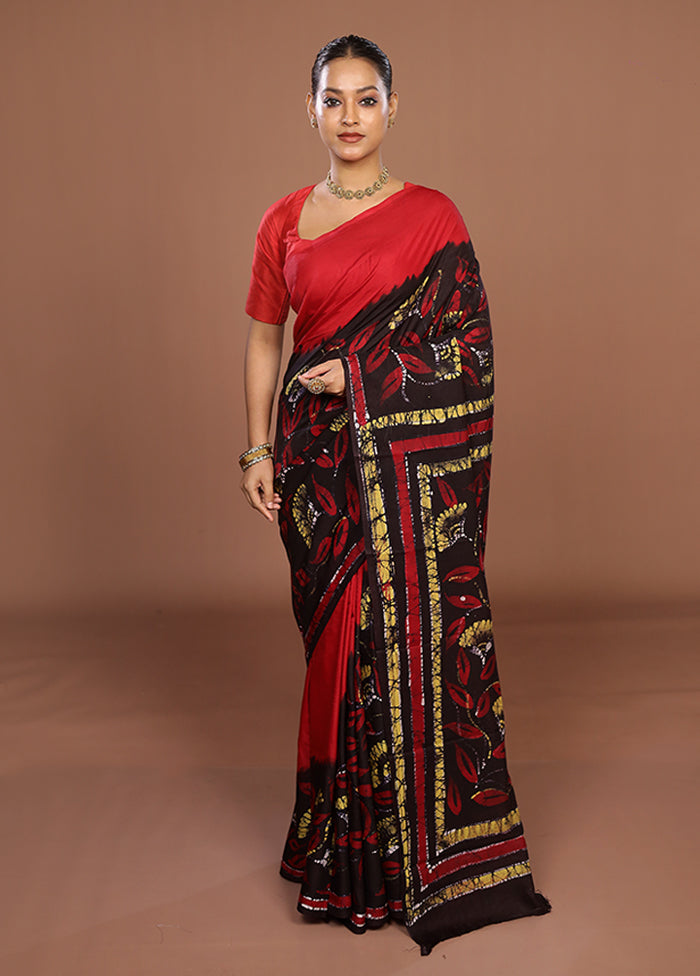Black Printed Silk Saree Without Blouse Piece