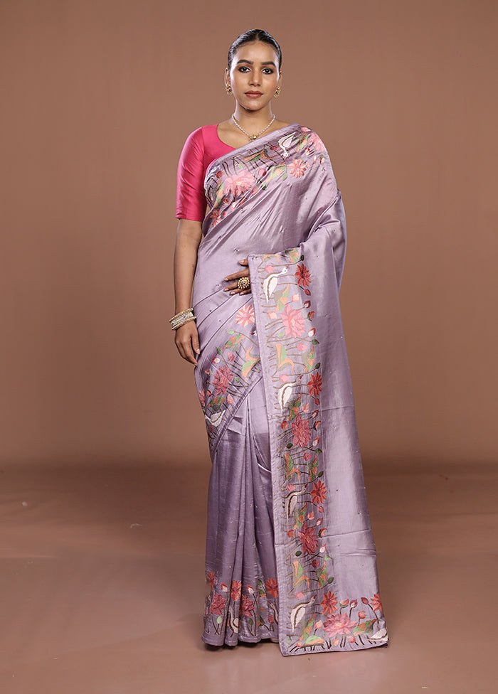 Purple Dupion Silk Saree With Blouse Piece