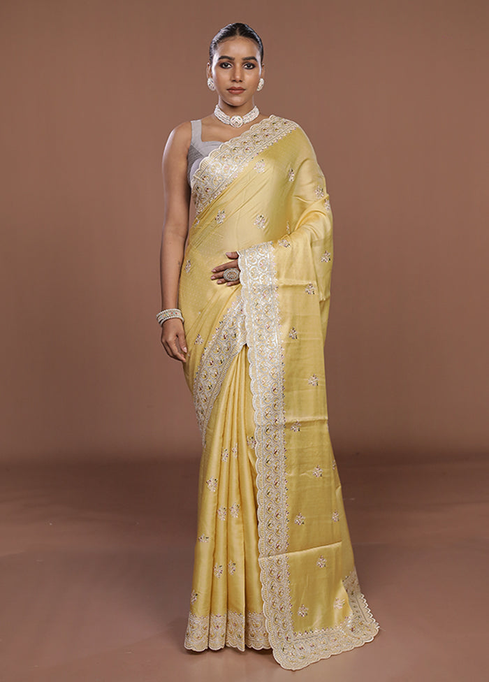 Yellow Dupion Silk Saree With Blouse Piece