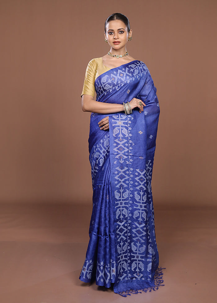 Blue Handloom Tussar Pure Silk Saree With Blouse Piece