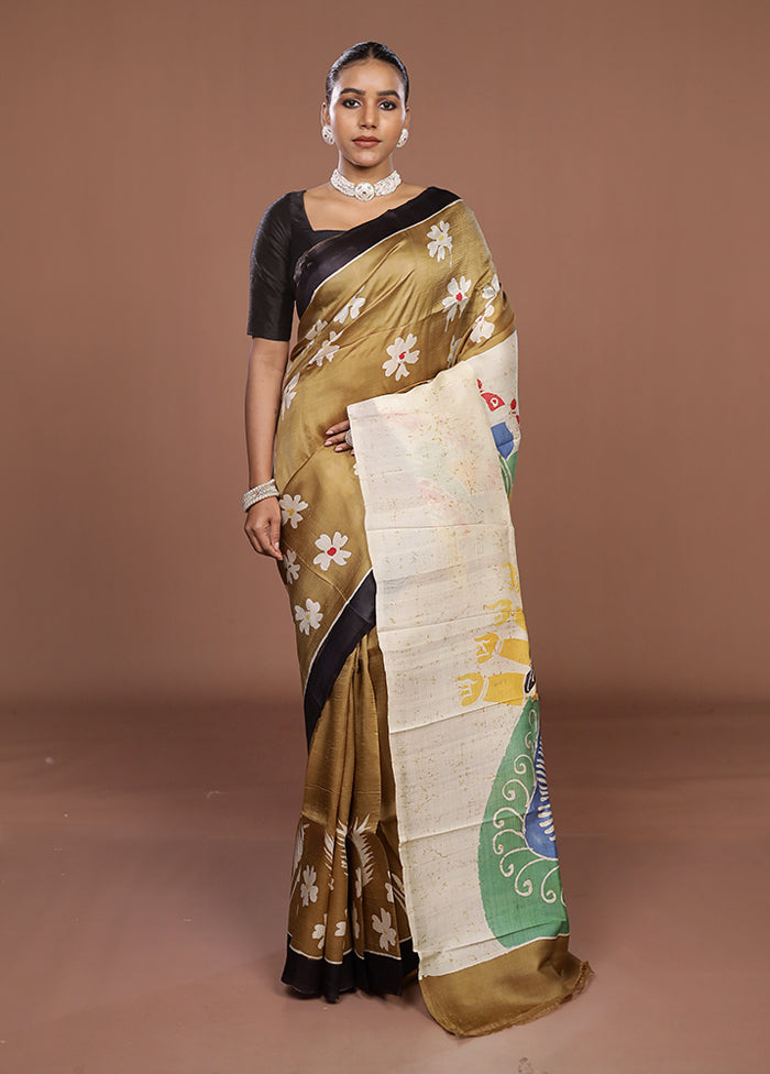 Cream Printed Pure Silk Saree Without Blouse Piece