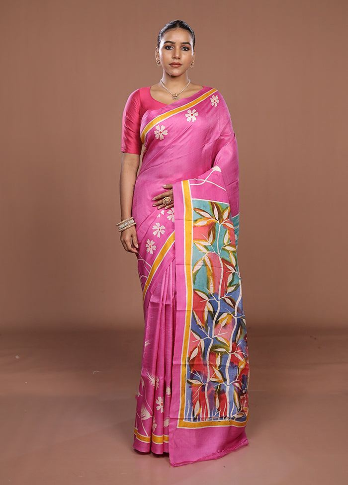 Pink Printed Pure Silk Saree Without Blouse Piece