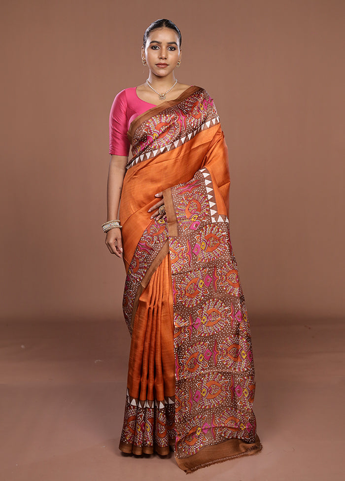 Rust Printed Pure Silk Saree Without Blouse Piece