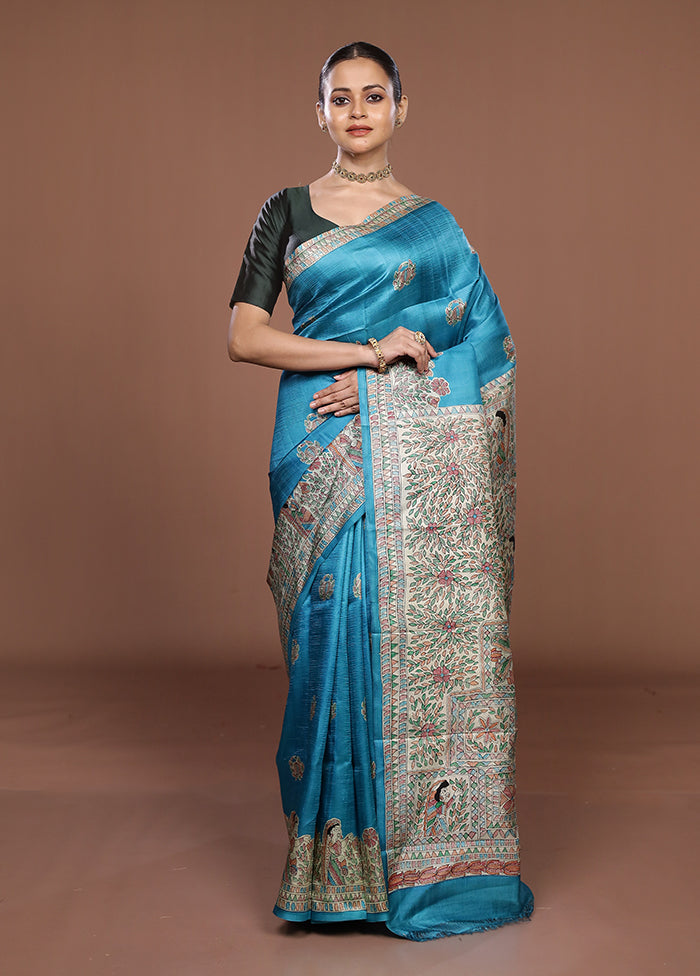 Blue Printed Pure Silk Saree Without Blouse Piece