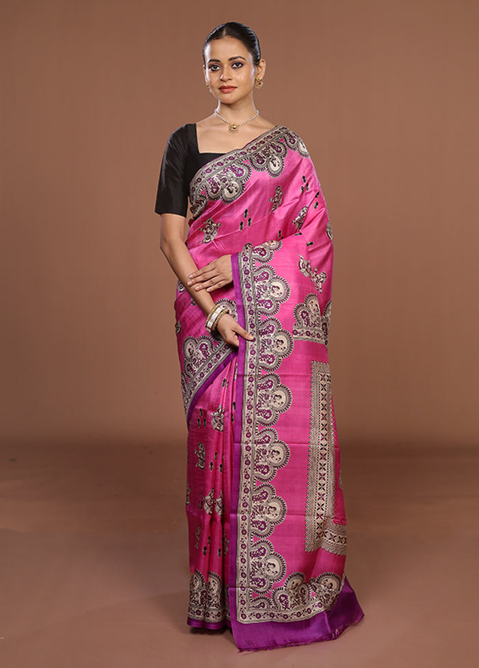 Pink Printed Pure Silk Saree Without Blouse Piece