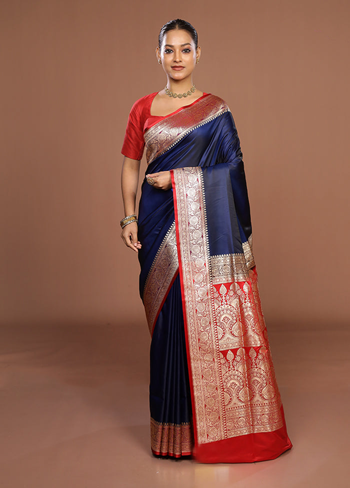 Blue Banarasi Silk Saree With Blouse Piece