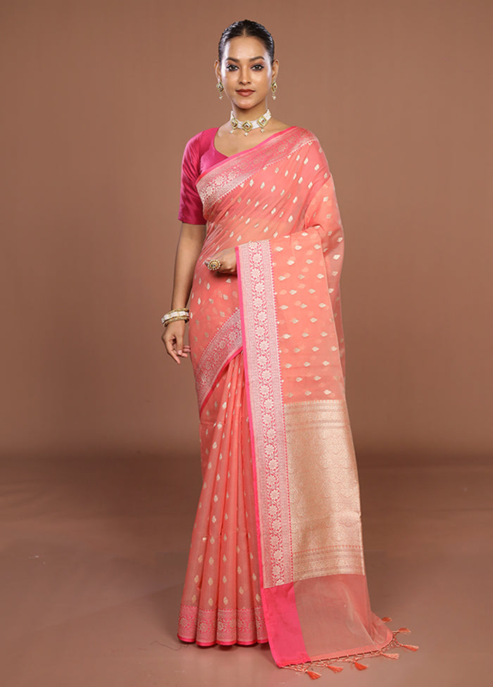 Peach Kora Silk Saree With Blouse Piece