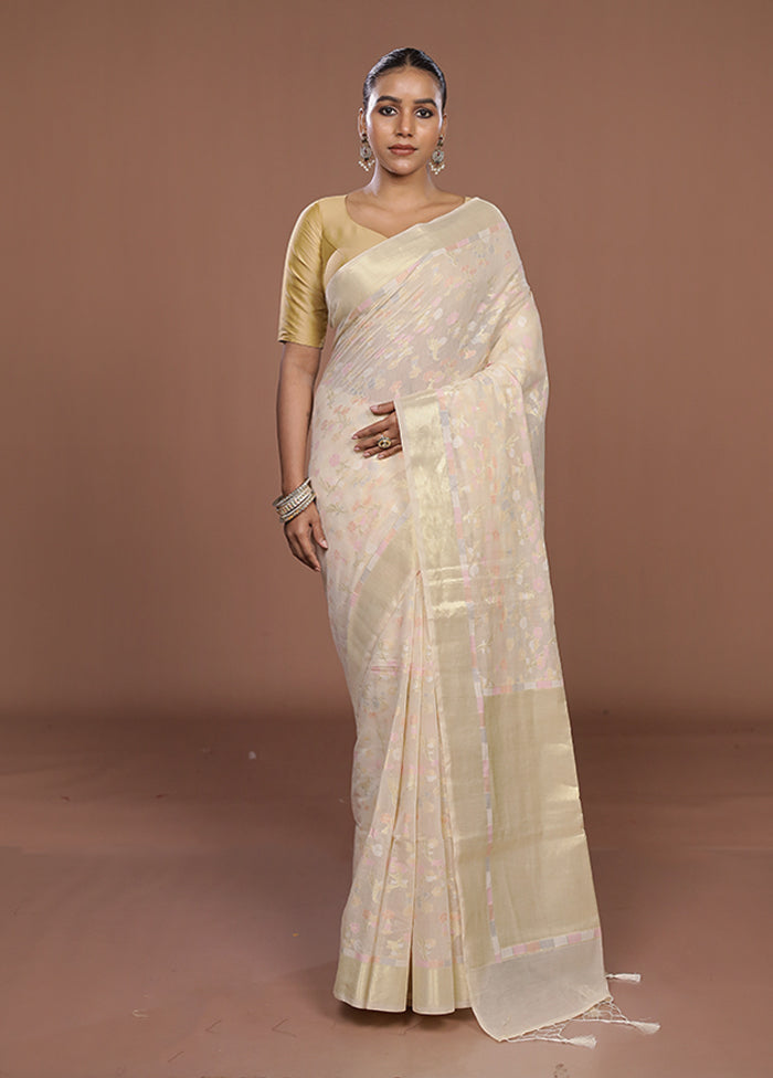 Cream Kora Silk Saree With Blouse Piece