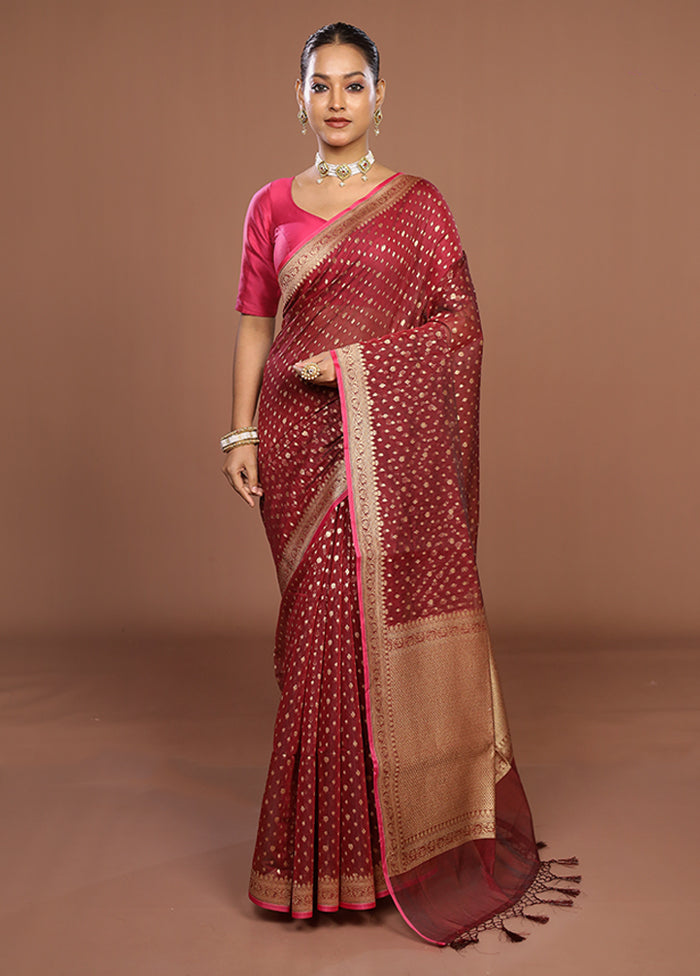 Maroon Kora Silk Saree With Blouse Piece
