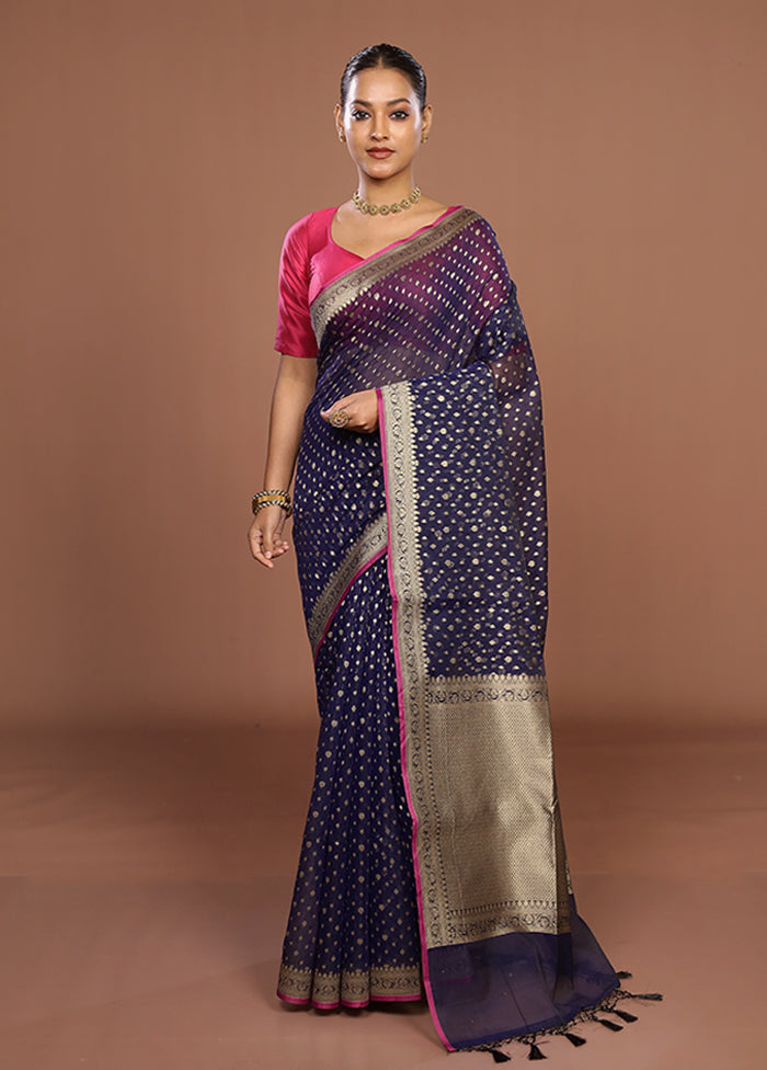 Blue Kora Silk Saree With Blouse Piece