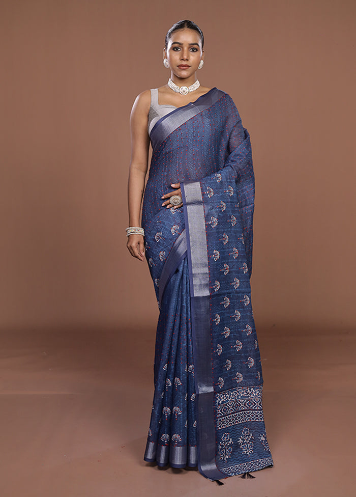 Blue Cotton Saree With Blouse Piece