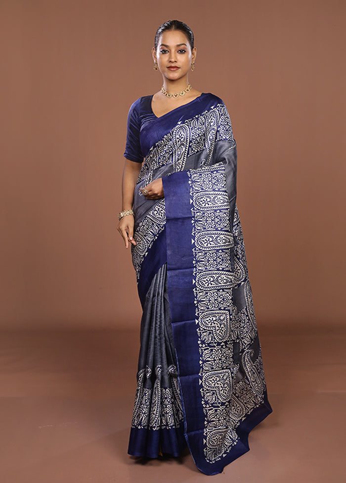 Blue Printed Pure Silk Saree Without Blouse Piece