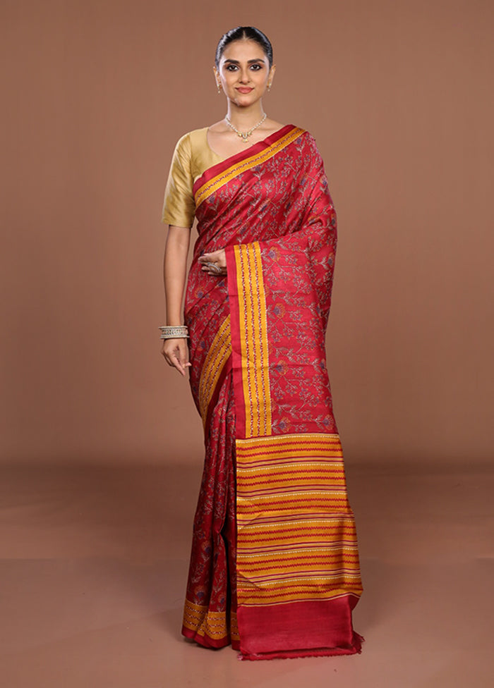 Red Printed Pure Silk Saree Without Blouse Piece