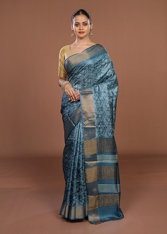 Blue Tussar Silk Saree With Blouse Piece