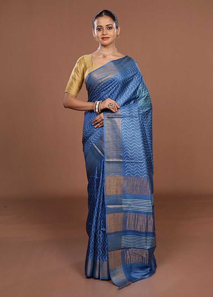 Blue Tussar Silk Saree With Blouse Piece