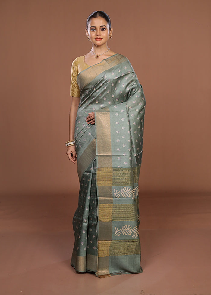 Green Tussar Silk Saree With Blouse Piece