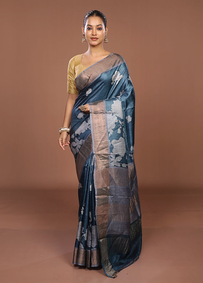 Blue Tussar Silk Saree With Blouse Piece