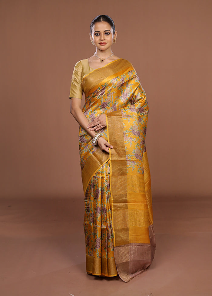 Yellow Tussar Silk Saree With Blouse Piece