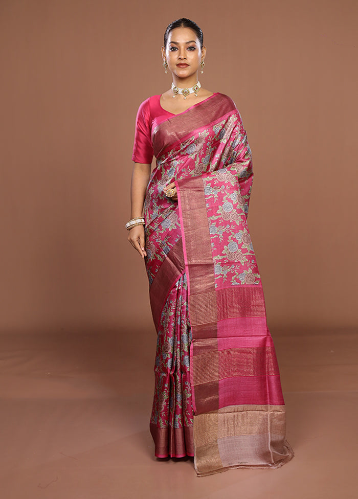 Pink Tussar Silk Saree With Blouse Piece