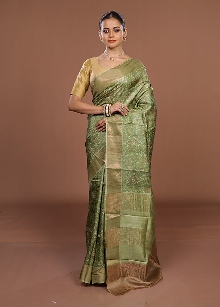 Green Tussar Silk Saree With Blouse Piece