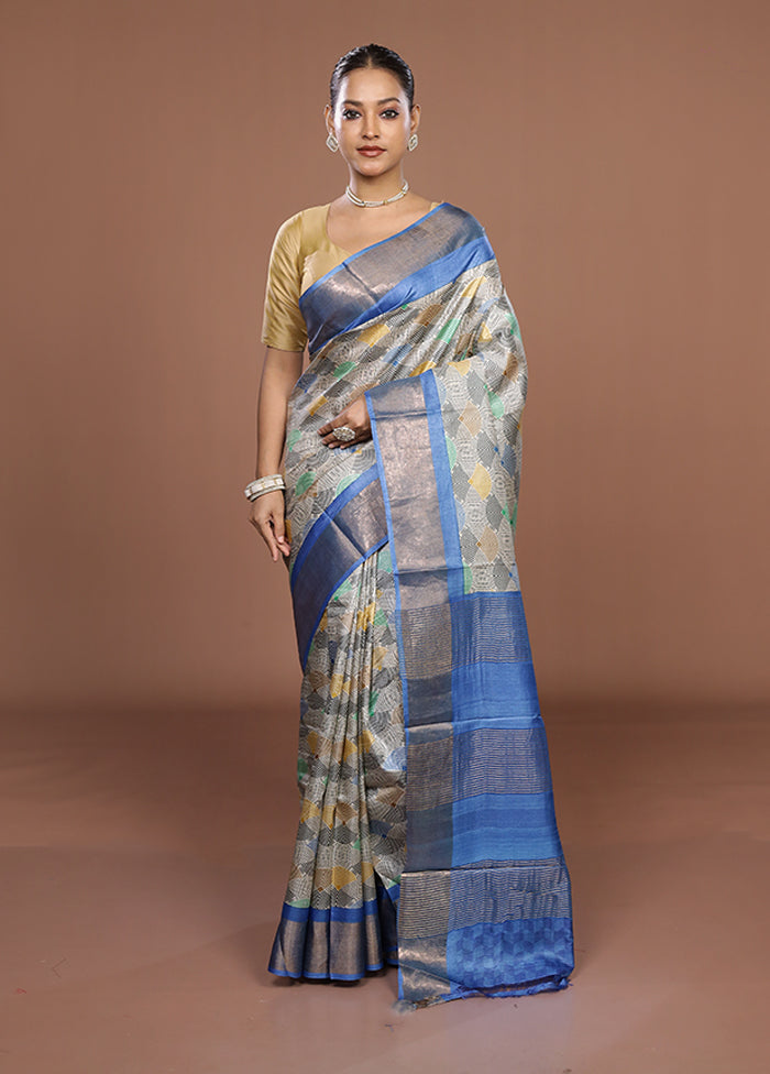 Blue Tussar Silk Saree With Blouse Piece