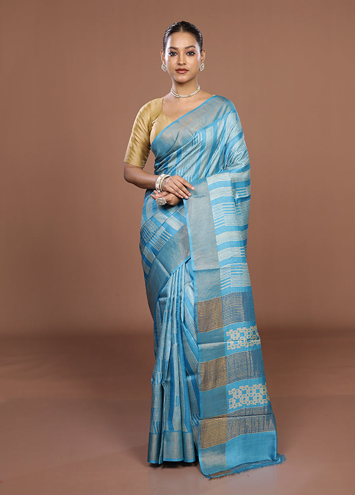 Blue Tussar Silk Saree With Blouse Piece
