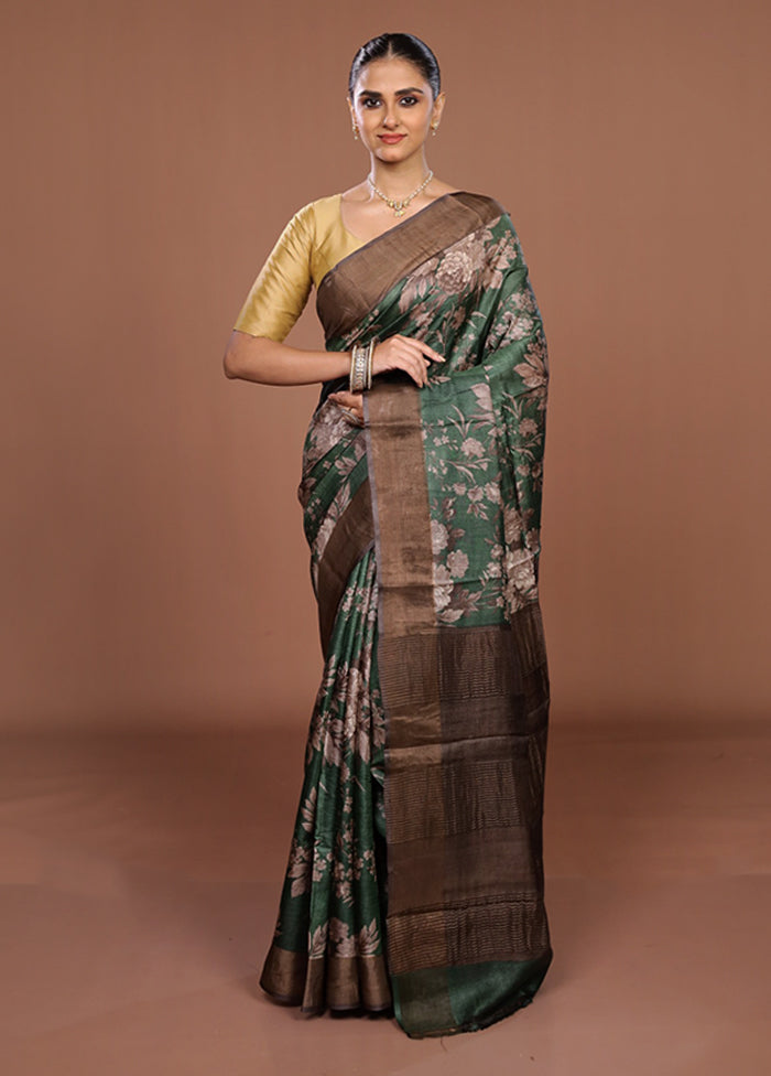 Green Tussar Silk Saree With Blouse Piece