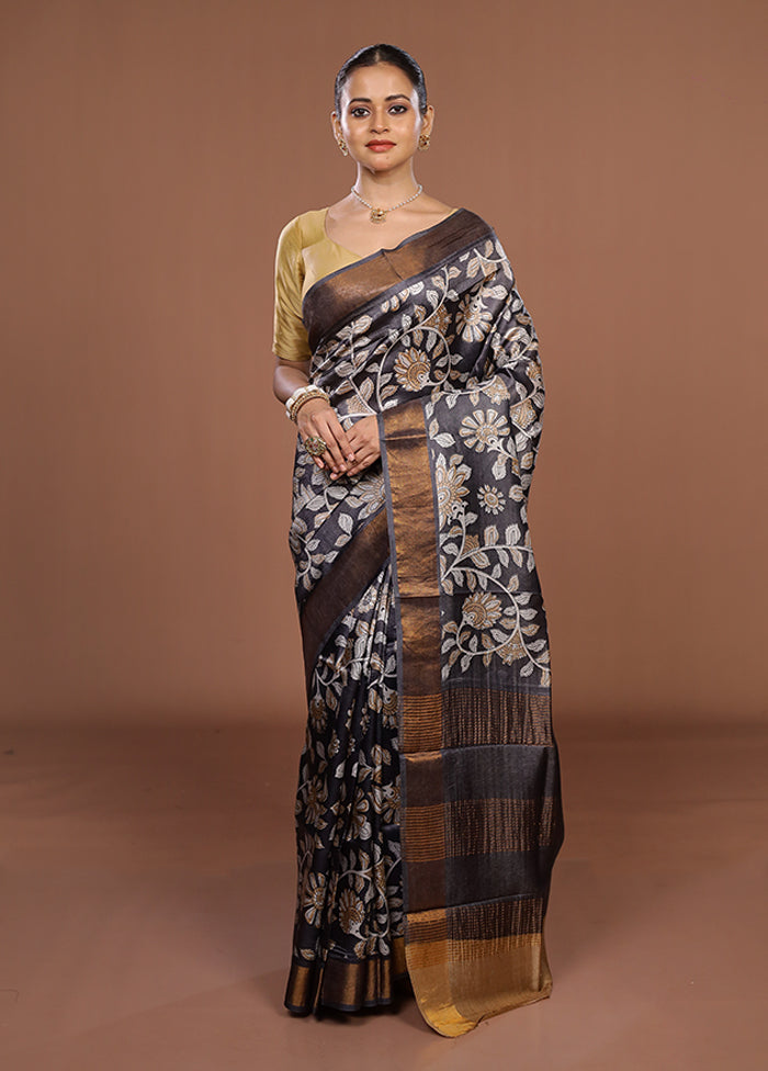 Grey Tussar Silk Saree With Blouse Piece