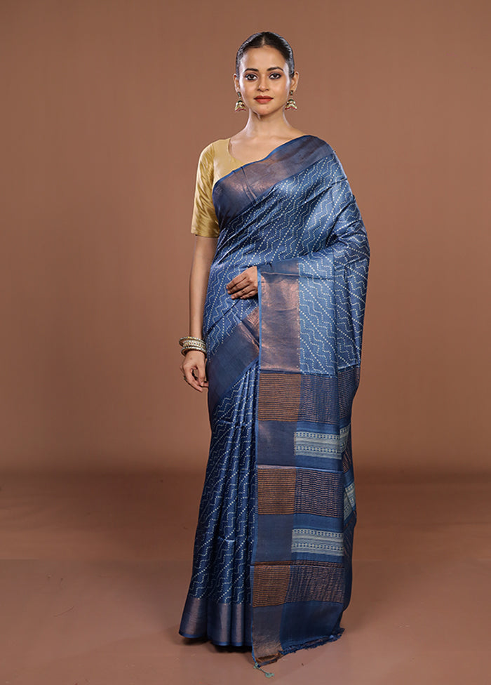 Blue Tussar Silk Saree With Blouse Piece