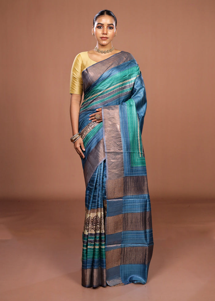 Cream Handloom Tussar Pure Silk Saree With Blouse Piece