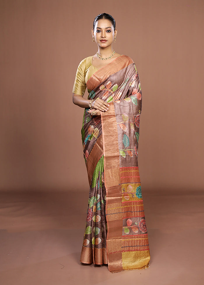 Brown Handloom Tussar Pure Silk Saree With Blouse Piece