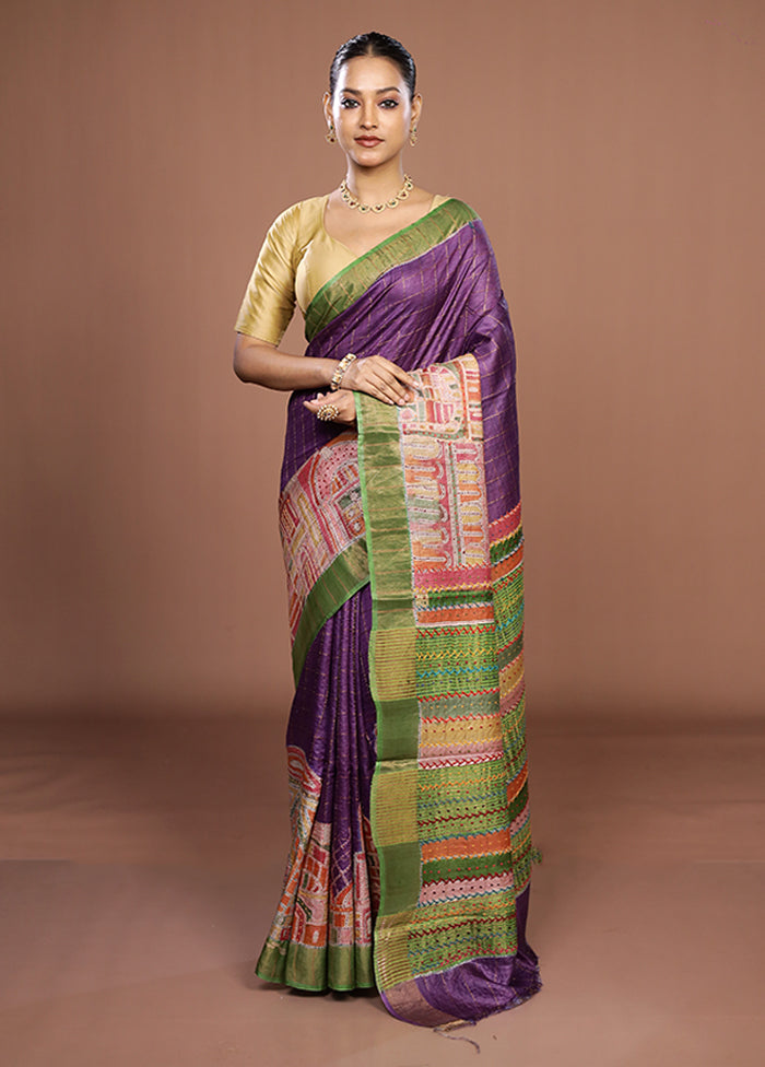 Purple Handloom Tussar Pure Silk Saree With Blouse Piece