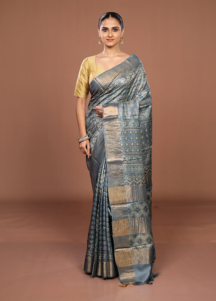 Grey Handloom Tussar Pure Silk Saree With Blouse Piece