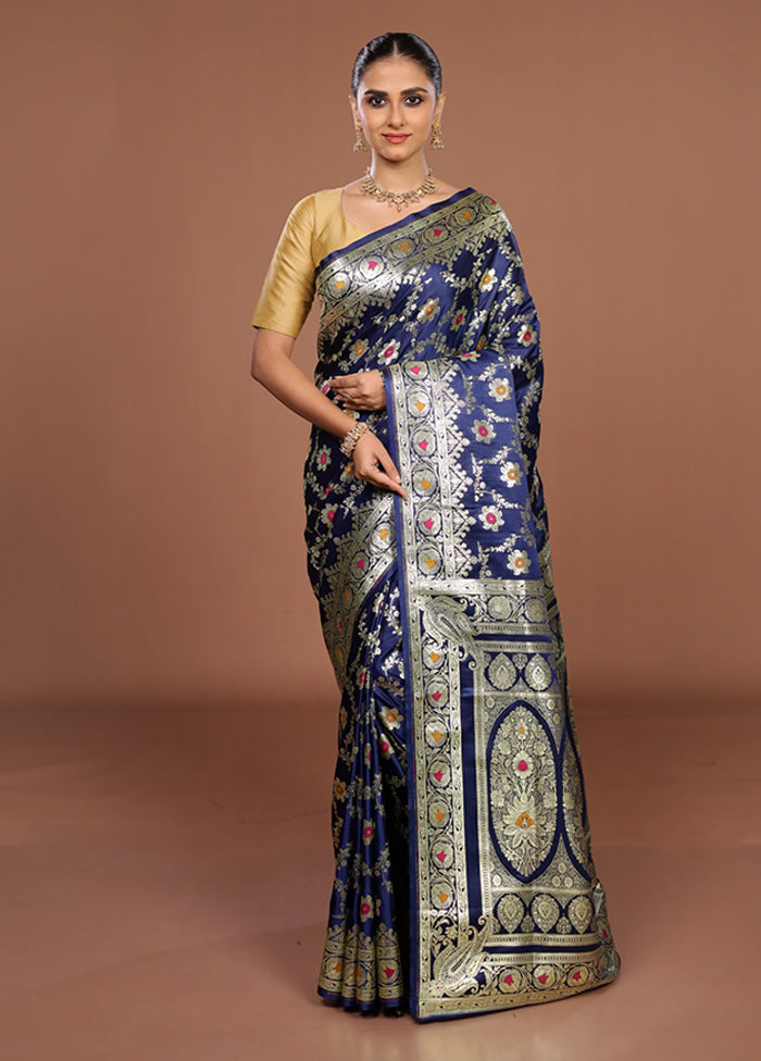Blue Banarasi Silk Saree With Blouse Piece
