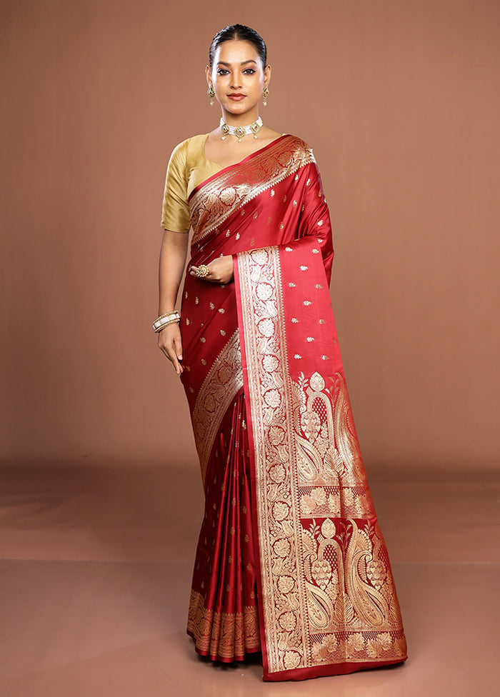 Maroon Banarasi Silk Saree With Blouse Piece