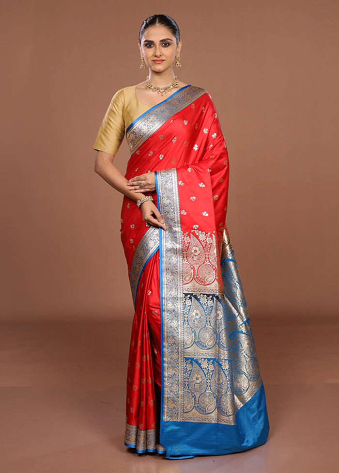 Red Banarasi Silk Saree With Blouse Piece
