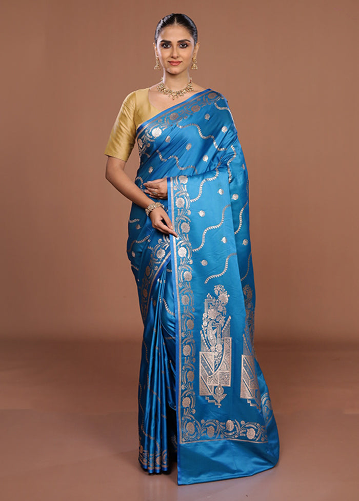 Blue Banarasi Silk Saree With Blouse Piece
