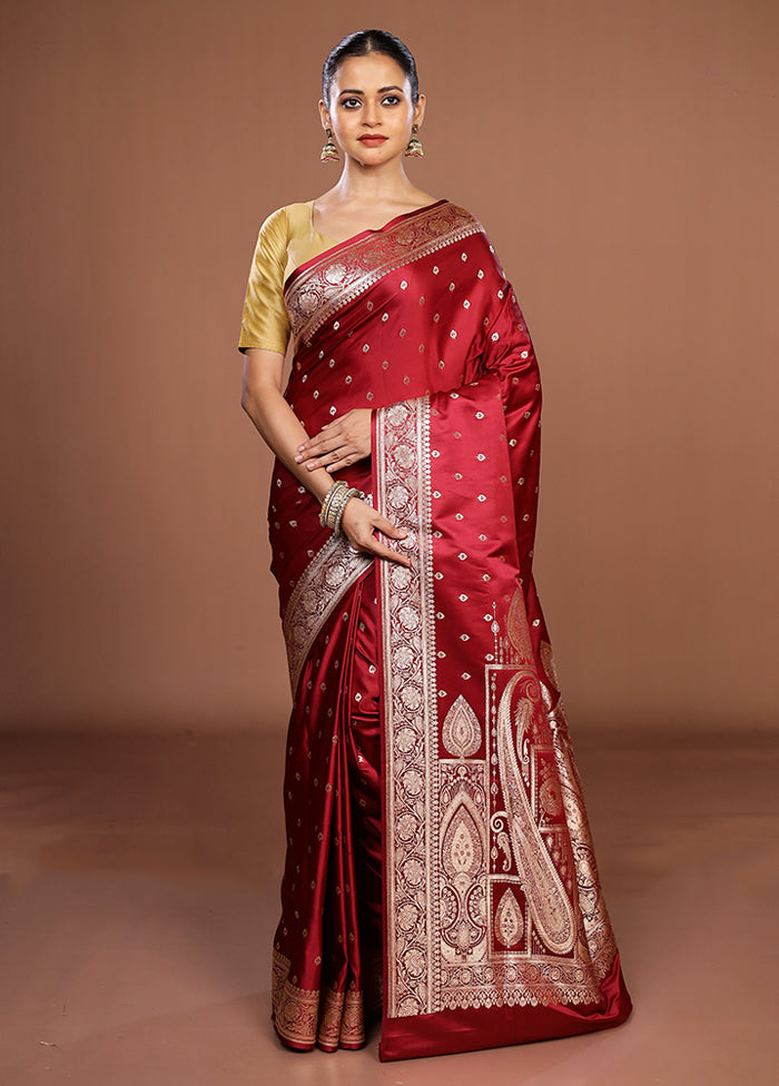 Maroon Banarasi Silk Saree With Blouse Piece