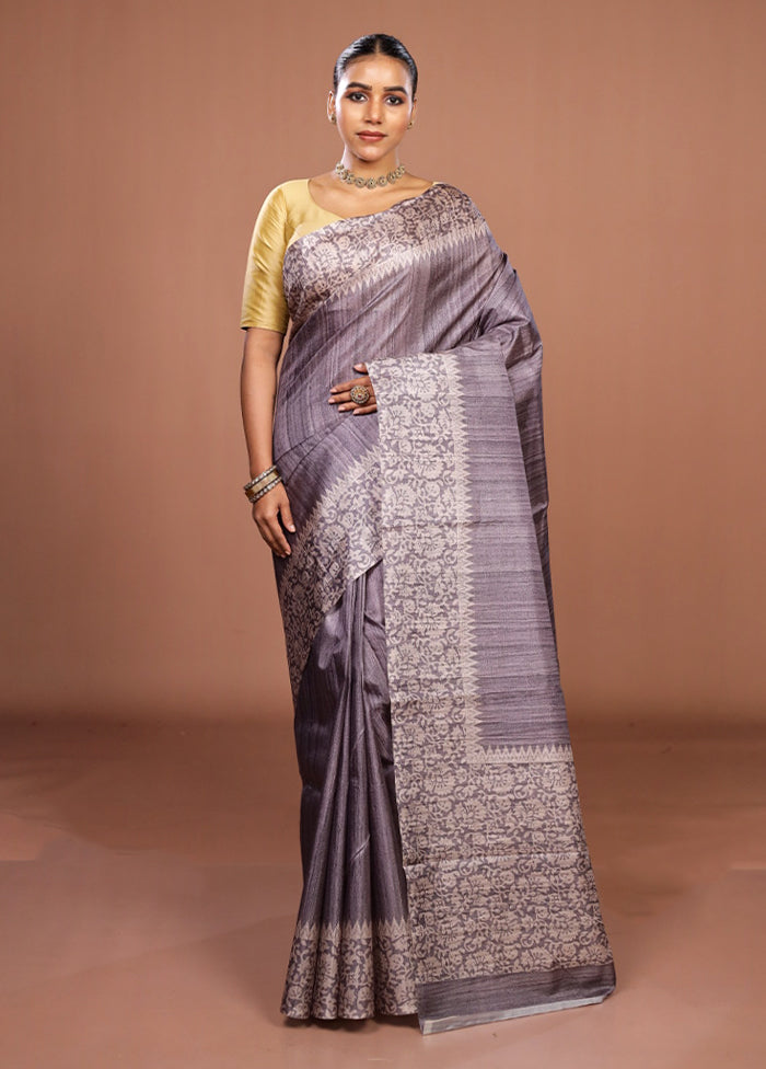 Grey Tussar Silk Saree With Blouse Piece
