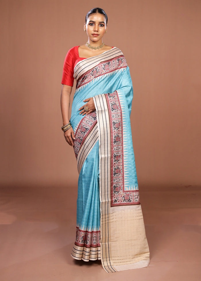 Blue Tussar Silk Saree With Blouse Piece