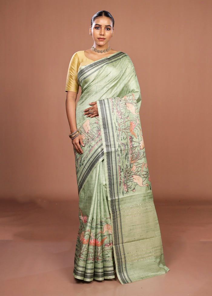 Green Tussar Silk Saree With Blouse Piece