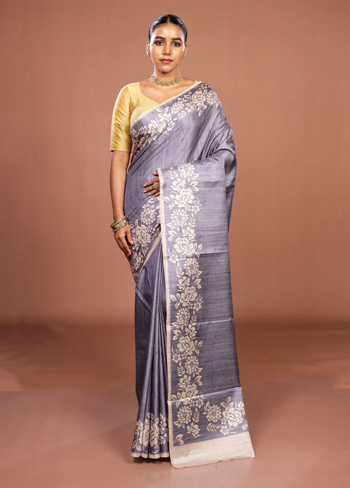 Grey Tussar Silk Saree With Blouse Piece