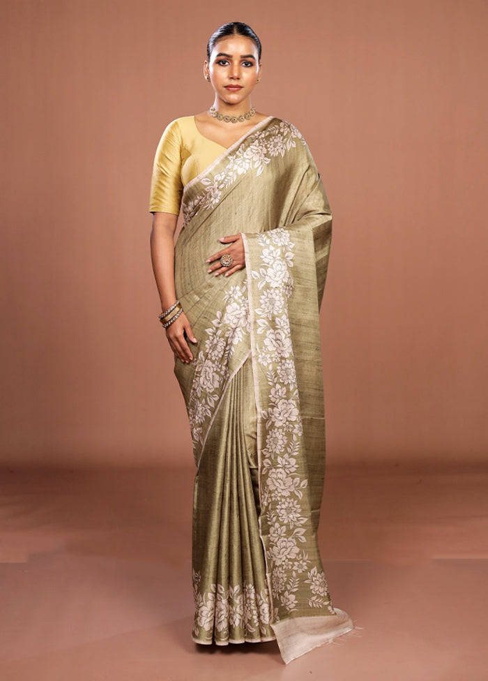 Green Tussar Silk Saree With Blouse Piece