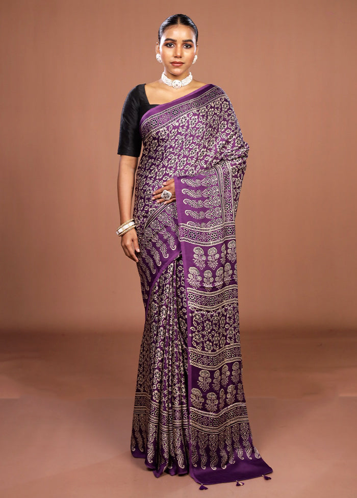 Purple Printed Pure Silk Saree Without Blouse Piece