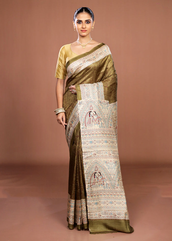 Green Printed Pure Silk Saree Without Blouse Piece