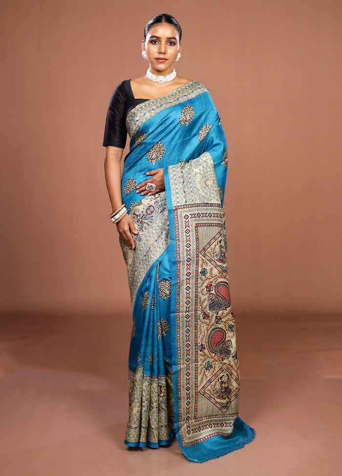 Blue Printed Pure Silk Saree Without Blouse Piece