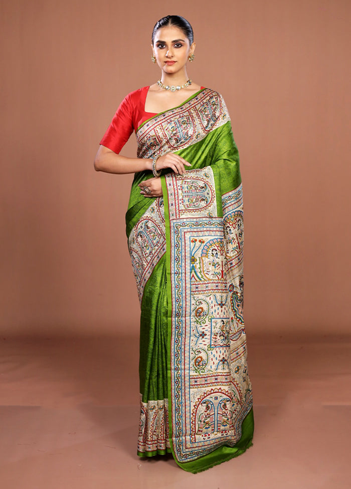 Green Printed Pure Silk Saree Without Blouse Piece