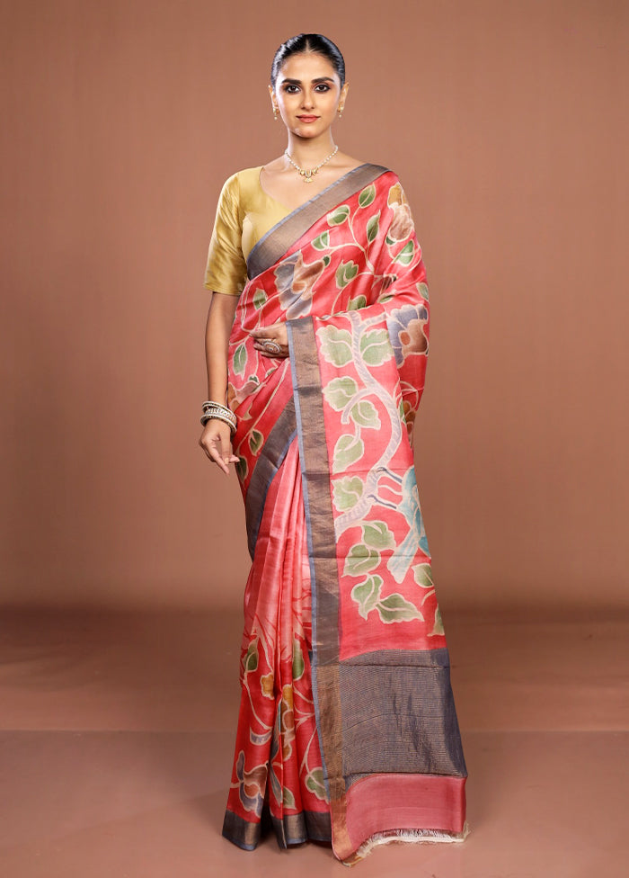 Pink Handloom Tussar Pure Silk Saree With Blouse Piece