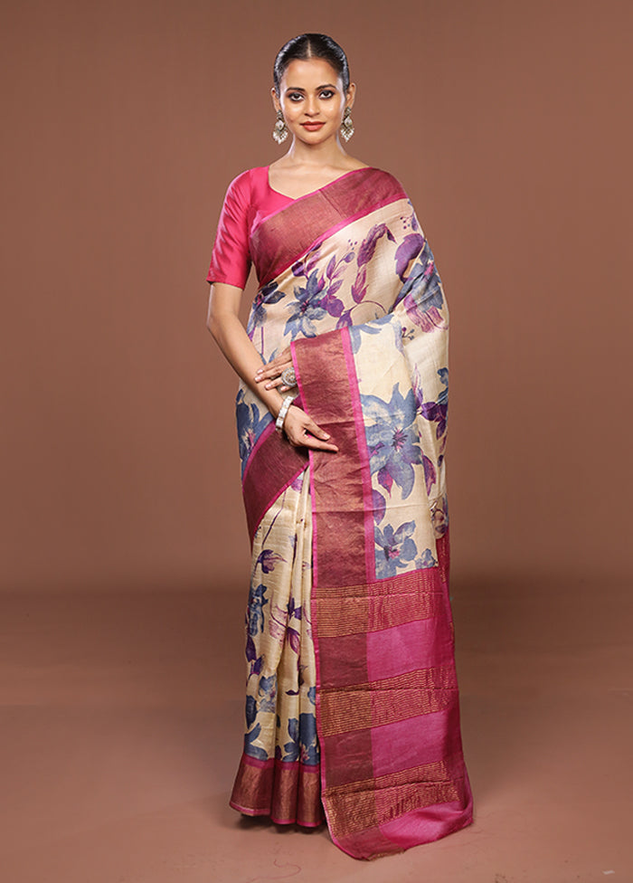 Cream Handloom Tussar Pure Silk Saree With Blouse Piece